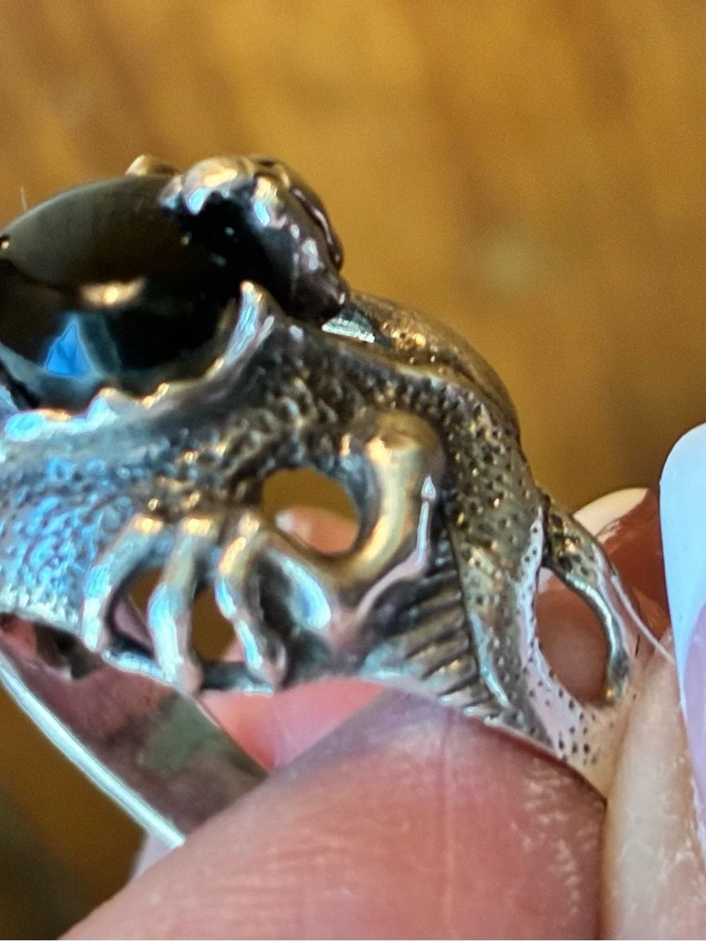 Sterling Silver Black Onyx Cabochon Ring with Dragon Motif size 12